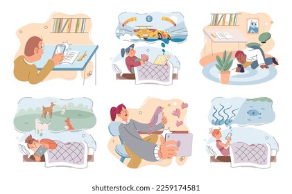 Children at home with phones and tablets set. Kids, toddlers use smart technologies lying in bed before going to sleep. Kids surfing social media, playing game, chatting by video call and use internet