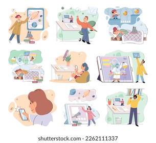 Children at home with phones and tablets set. Kids remote education, toddlers use smart technologies. Kids studying online, surfing social media, playing game, chatting by video call and use internet
