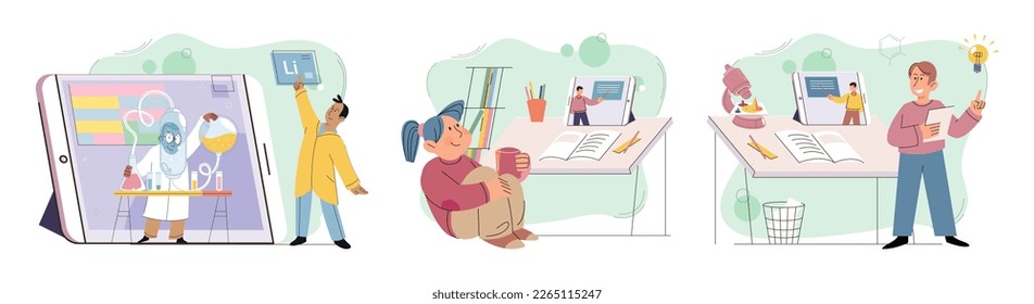 Children at home with phones and tablets set. Kids remote education, toddlers use smart technologies. Kids studying online, surfing social media, playing game, chatting by video call and use internet