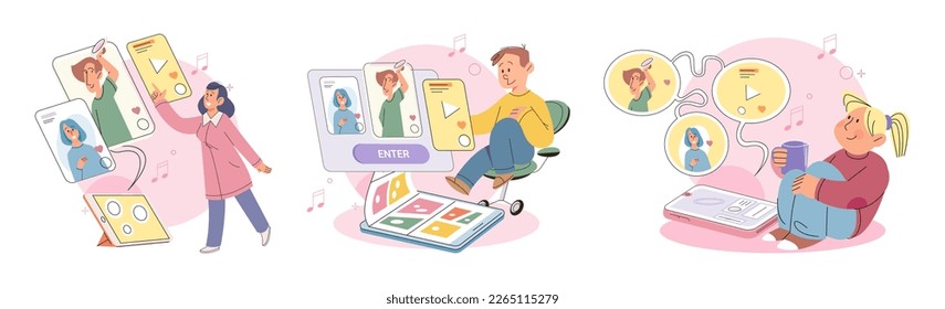 Children at home with phones and tablets set. Kids remote education, toddlers use smart technologies. Kids studying online, surfing social media, playing game, chatting by video call and use internet