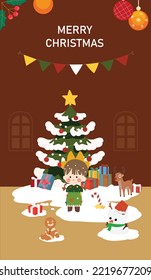 Children at home preparing Christmas presents. and decorate the pine Preparation for the winter holidays vector illustration. Merry Christmas Festive season, kids, gifts, trees, toys and cookie dolls.