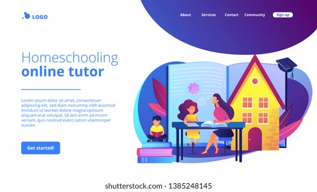 Children at home with tutor or parent getting education, tiny people. Home schooling, home education plan, homeschooling online tutor concept. Website homepage landing web page template.