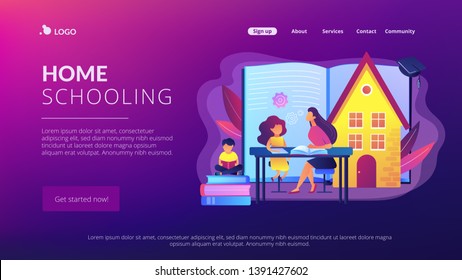 Children at home with tutor or parent getting education, tiny people. Home schooling, home education plan, homeschooling online tutor concept. Website homepage landing web page template.