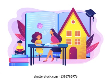 Children at home with tutor or parent getting education, tiny people. Home schooling, home education plan, homeschooling online tutor concept. Bright vibrant violet vector isolated illustration