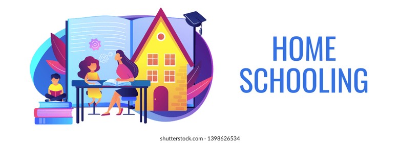 Children at home with tutor or parent getting education, tiny people. Home schooling, home education plan, homeschooling online tutor concept. Header or footer banner template with copy space.