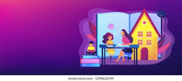 Children at home with tutor or parent getting education, tiny people. Home schooling, home education plan, homeschooling online tutor concept. Header or footer banner template with copy space.