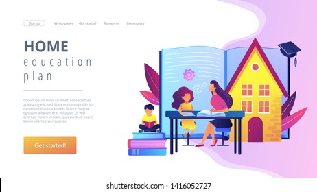 Children at home with tutor or parent getting education, tiny people. Home schooling, home education plan, homeschooling online tutor concept. Website homepage landing web page template.