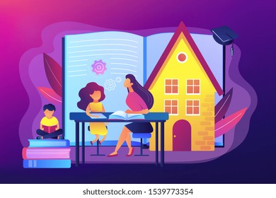 Children at home with tutor or parent getting education, tiny people. Home schooling, home education plan, homeschooling online tutor concept. Bright vibrant violet vector isolated illustration