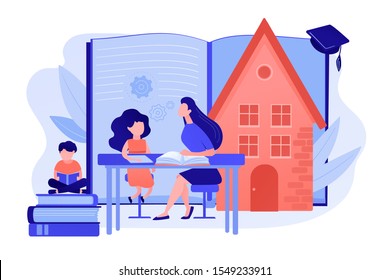 Children at home with tutor or parent getting education, tiny people. Home schooling, home education plan, homeschooling online tutor concept. Pinkish coral bluevector isolated illustration