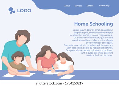 Children at home with tutor or parent getting education, tiny people. 
Home schooling, home education plan, homeschooling online tutor concept. 
can be used for landing page, ui, web, app intro card, 