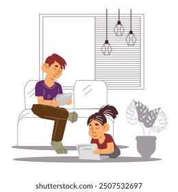 Children at home use a laptop and tablet for learning and entertainment, flat vector illustration isolated on white. Concept of digital natives. Digital technology native generation.