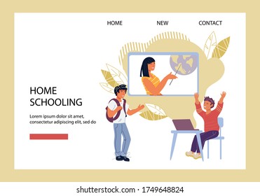 Children homeschooling or distance computer education, e-learning website interface template with teacher and child characters. Landing page of  internet courses for children. Flat vector illustration