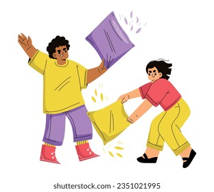 Children Hooligan with Bad Behavior Fighting with Pillow Vector Illustration