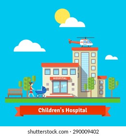 Children Hospital Flat Colorful Vector Illustration. Clinic Building With Helicopter On The Roof. Woman With Pram. Flat Vector Illustration.