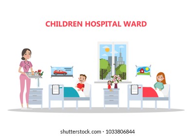 Children hospital room with doctors and toys on white.