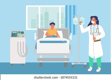 Children hospital room. Female nurse standing next to drip, sick boy lying in bed and receiving IV therapy, flat vector illustration. Pediatric hospital. Kids health.