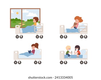 Children in the hospital, set of vector illustration isolated on white background. Cute boys and girls playing with toys on the bed in the clinic, medical masks on their faces. Flat cartoon style