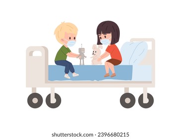 Children in the hospital, vector illustration isolated on white background. Cute boy and girl playing with toys on the bed in the clinic, medical masks on their faces. Drawn in flat cartoon style