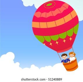 Children and hot air balloon.Illustration of children riding in a colorful hot air balloon.