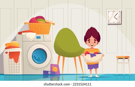 Children housekeeping cartoon with boy holding washed clothes vector illustration