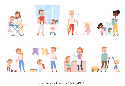 Children housework. Cleaning room washing appliance boys and girls helping parents vector cartoon people