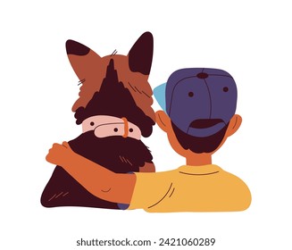 Los niños abrazan el concepto de perro. Joven con cachorro en las manos. Amor y cuidado de los animales domésticos. Plantilla y diseño. Dibujo vectorial plano de dibujos animados aislado en fondo blanco