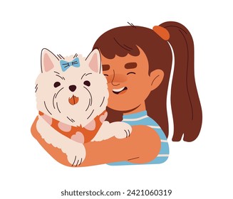 Children hug dog concept. Young girl with puppy in hands. Love and care for domestic animals. Social networks sticker. Cartoon flat vector illustration isolated on white background