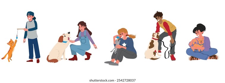 Los niños abrazan a los perros y gatos, las niñas y los niños Los personajes de los niños se abrazan con las mascotas, sosteniendo lindos cachorros y gatitos en las manos. Amor, ternura al concepto de animales. Ilustración vectorial de Personas de dibujos animados.