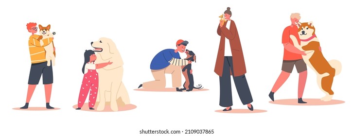 Children Hug Dogs, Girls and Boys Kids Characters Cuddle with Pets, Holding Cute Puppies on Hands Isolated on White Background. Love, Tenderness to Animals Concept. Cartoon People Vector Illustration