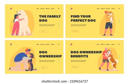 Children Hug Dogs Landing Page Template Set. Girls and Boys Kids Characters Cuddle with Pets, Holding Cute Puppies on Hands. Love, Tenderness to Animals Concept. Cartoon People Vector Illustration