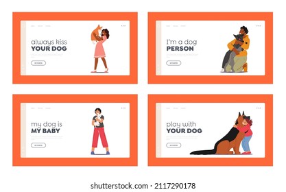 Children Hug Dogs Landing Page Template Set. Love, Tenderness to Animals Concept. Girls and Boys Kids Characters Cuddle with Pets, Holding Cute Puppies on Hands. Cartoon People Vector Illustration