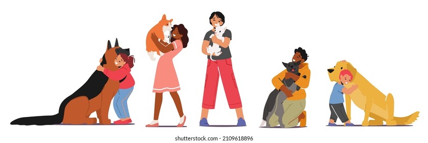 Children Hug Dogs, Love, Tenderness to Animals Concept. Girls and Boys Kids Characters Cuddle with Pets, Holding Cute Puppies on Hands Isolated on White Background. Cartoon People Vector Illustration