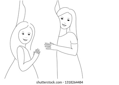 Children hug mom. Pregnant mother with her children. Mother of many children. Pregnancy. Line drawing