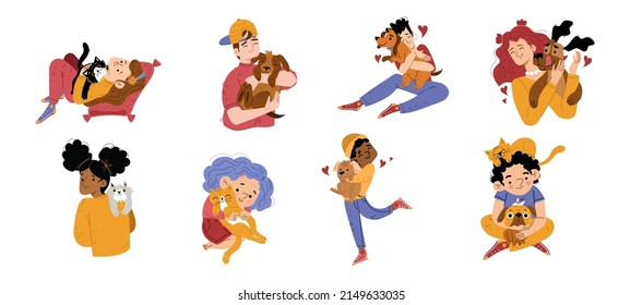 Children hug pets, boys and girls holding dogs and cats on hands, having fun together. Teen or preteens diverse kids characters cuddle with home animals. Love, adoption Linear flat vector illustration