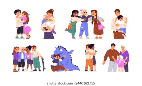 Children hug set. Happy kids cuddle with friends, sisters, brothers, parents, family. Mother, father hold child on hand, care about son, daughter. Flat isolated vector illustration on white background