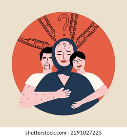 Children hug their mother with dementia. Alzheimer's disease concept. Vector illustration in a flat style.