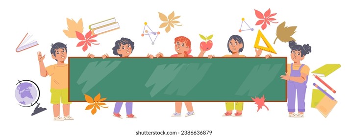 Children with huge blank chalkboard for back to school designs and banners, flat vector illustration on white background. Education for children and learning experience at school.