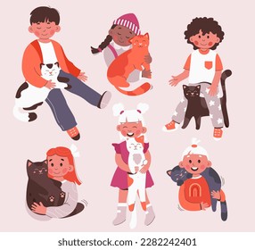 Children hugging cats flat icons set. Cute children cuddle red, white and brown kittens, Play with pets. Childhood domestic animal kitty. Color isolated illustration