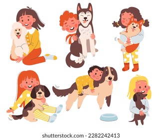 Niños abrazando perros con íconos planos. Los niños adorables abrazan la husky, el caniche, el corgi, los cachorros de beagle. Juega con mascotas. Perro de animales domésticos para niños. Ilustración aislada de color