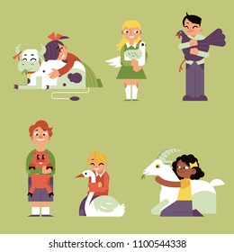 Children hugging domestic farm animals set isolated on green background. Flat cartoon kid girls and boys gently and carefully embracing animals and birds in vector illustration.