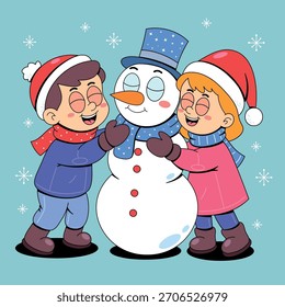 Kinder umarmen einen freundlichen Schneemann im Winter