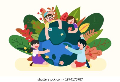 The children Hugging  green Globe with beautiful nature in Cartoon Character. Happy earth day concept, Vector Illustration.