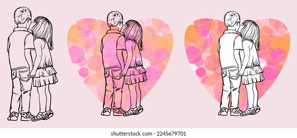 Children hugging in the heart. Vector black and white and color drawing. Valentine's Day. Love stories. Isolated drawing. Love, heart.