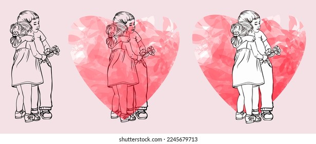 Children hugging in the heart. Vector black and white and color drawing. Valentine's Day. Love stories. Isolated drawing. Love, heart.