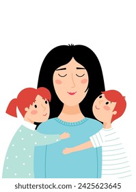 Children hugging their mom illustration isolated on white background. A happy family. Vector illustration.