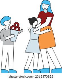The children are hugging their mother.