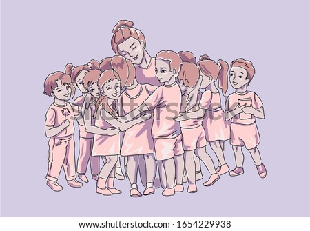 Children hugging their teacher or educator sitting down. Graduation in kindergarten. Teachers day. Friendship between youngs and adults. Isolated on purple background. Flat vector cartoon illustration