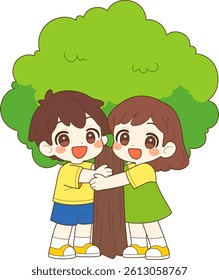 Children hugging a tree, Arbor Day