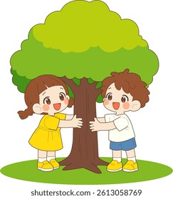 Children hugging a tree, Arbor Day