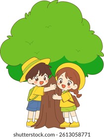 Children hugging a tree, Arbor Day